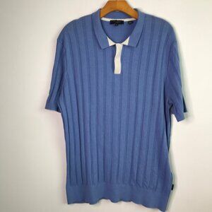 TED BAKER MENS SHIRT KNIT SWEATER POLO BLUE RIBBED SHORT SLEEVE 5 XL